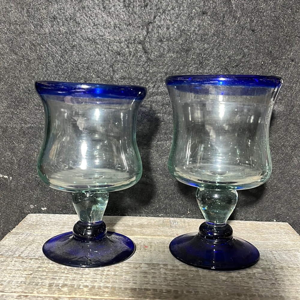 NOVICA Artisan Crafted Clear Blue Rim Hand Blown Recycled Glass Wine Glasses